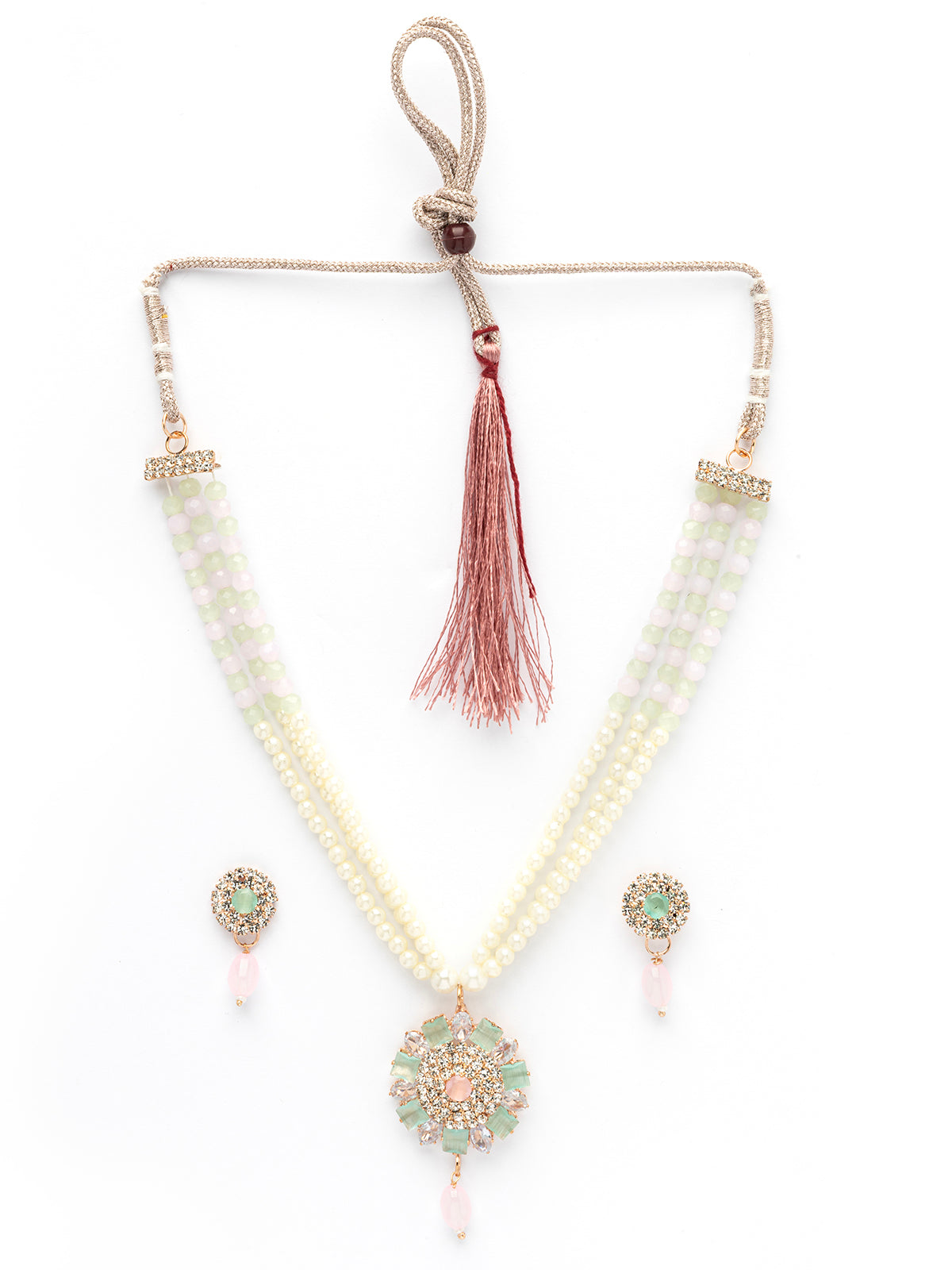 Sukkhi Unique Fashionable AD Stones With Pearl Gold Plated Multistand Necklace Set & Drop Earring Jewellery for Women| NS107093