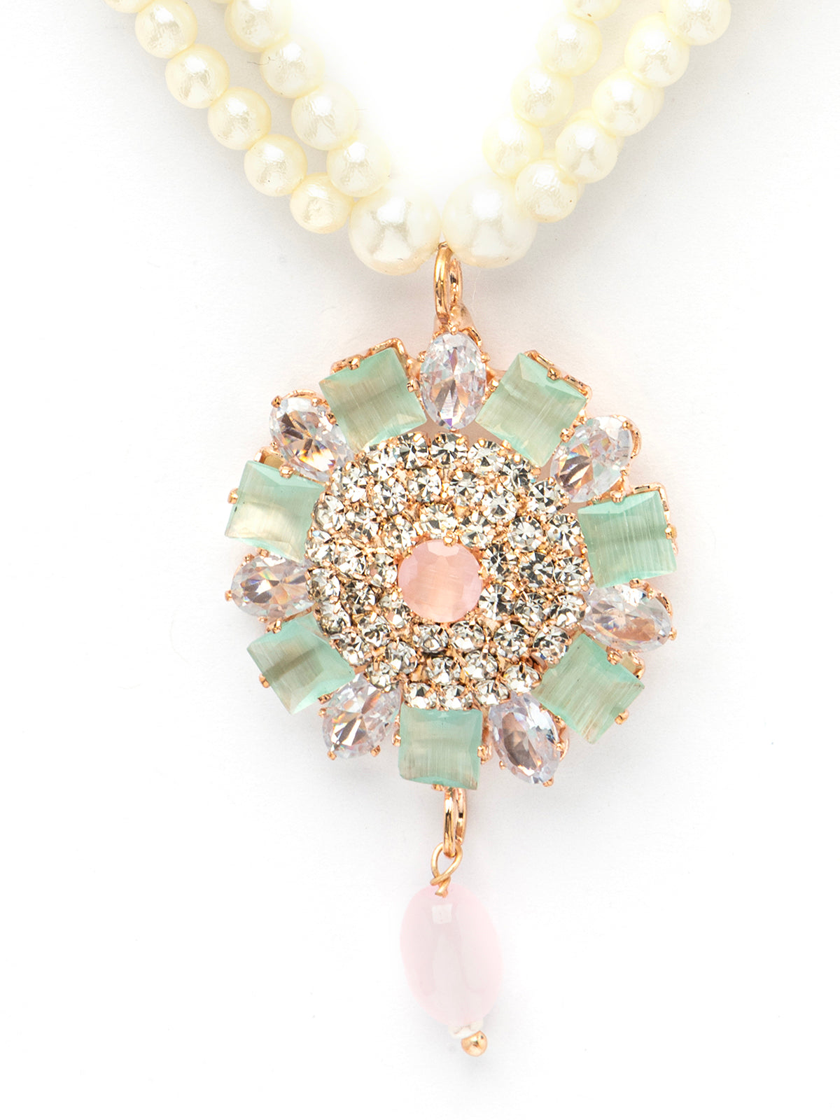 Sukkhi Unique Fashionable AD Stones With Pearl Gold Plated Multistand Necklace Set & Drop Earring Jewellery for Women| NS107093