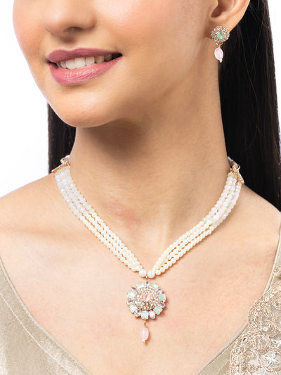 Sukkhi Unique Fashionable AD Stones With Pearl Gold Plated Multistand Necklace Set & Drop Earring Jewellery for Women| NS107093