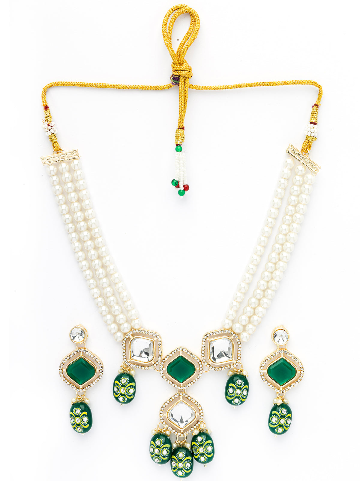 Sukkhi Creative Crystal Stone Studded Gold Plated Multi Strip Pearl Necklace Set with Drop Earring Jewellery for Women|NS107096