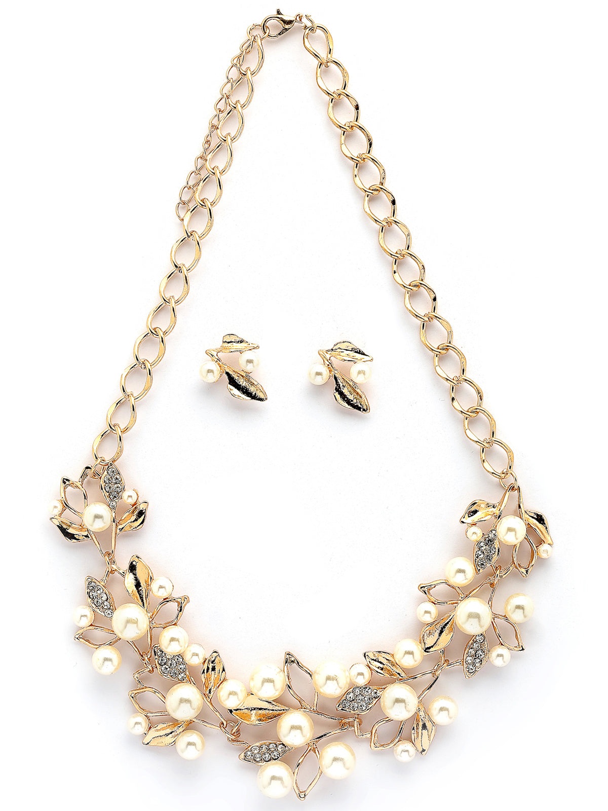 Scintillare By Sukkhi Lavish Fashionable Gold Plated Crystal Diamond Studded with Pearls Leaf Shaped Choker Necklace with Studs Earring Jewellery Set for Women & Girls|Latest Stylish Jewellery|NS107289