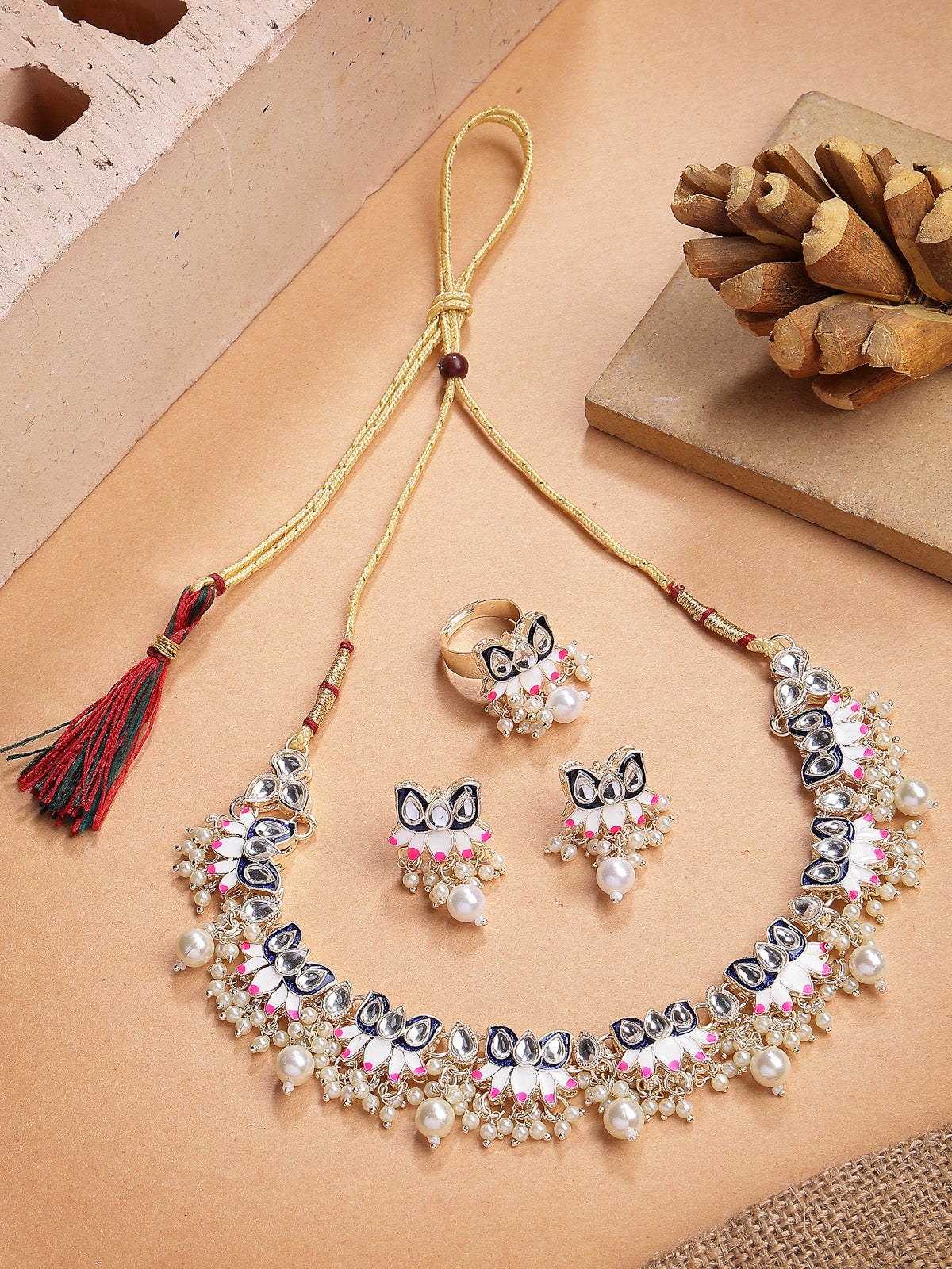 Sukkhi Graceful Fashion Style Gold Plated Blue & Pink Meenakari Lotus Design with Faux Pearls Studded Choker Necklace with Drop Earring & Ring Jewellery Set For Women & Girls|NS107346