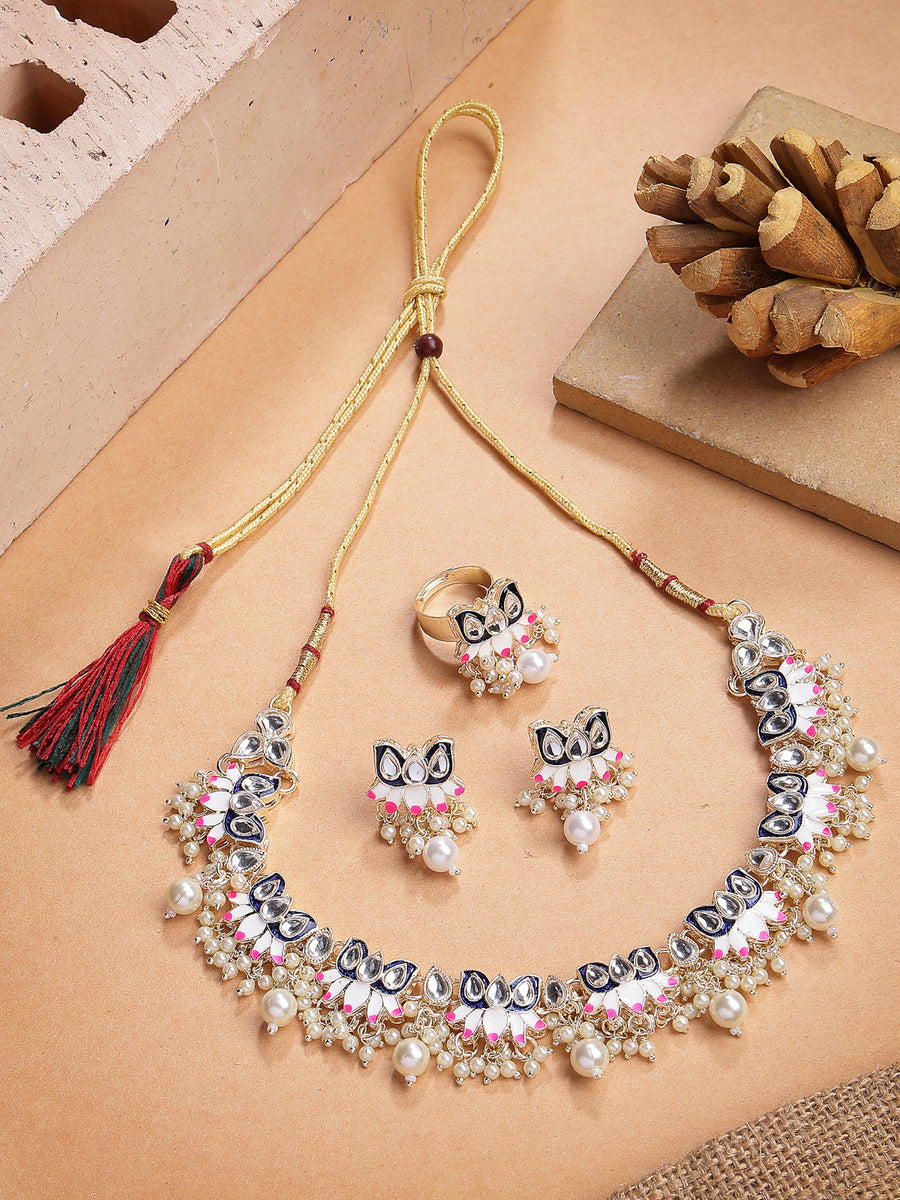 Sukkhi Graceful Fashion Style Gold Plated Blue & Pink Meenakari Lotus Design with Faux Pearls Studded Choker Necklace with Drop Earring & Ring Jewellery Set For Women & Girls|NS107346
