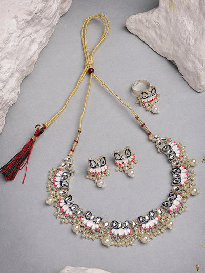 Sukkhi Graceful Fashion Style Gold Plated Blue & Pink Meenakari Lotus Design with Faux Pearls Studded Choker Necklace with Drop Earring & Ring Jewellery Set For Women & Girls|NS107346