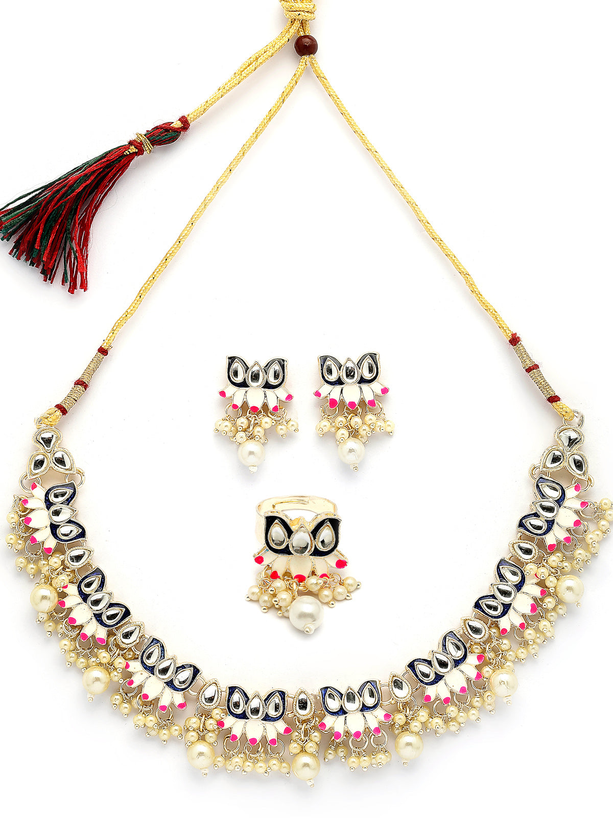 Sukkhi Graceful Fashion Style Gold Plated Blue & Pink Meenakari Lotus Design with Faux Pearls Studded Choker Necklace with Drop Earring & Ring Jewellery Set For Women & Girls|NS107346