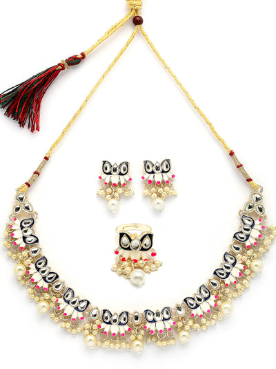 Sukkhi Graceful Fashion Style Gold Plated Blue & Pink Meenakari Lotus Design with Faux Pearls Studded Choker Necklace with Drop Earring & Ring Jewellery Set For Women & Girls|NS107346