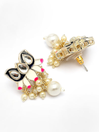 Sukkhi Graceful Fashion Style Gold Plated Blue & Pink Meenakari Lotus Design with Faux Pearls Studded Choker Necklace with Drop Earring & Ring Jewellery Set For Women & Girls|NS107346