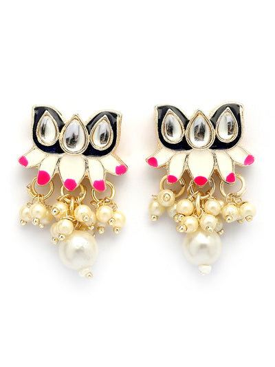 Sukkhi Graceful Fashion Style Gold Plated Blue & Pink Meenakari Lotus Design with Faux Pearls Studded Choker Necklace with Drop Earring & Ring Jewellery Set For Women & Girls|NS107346