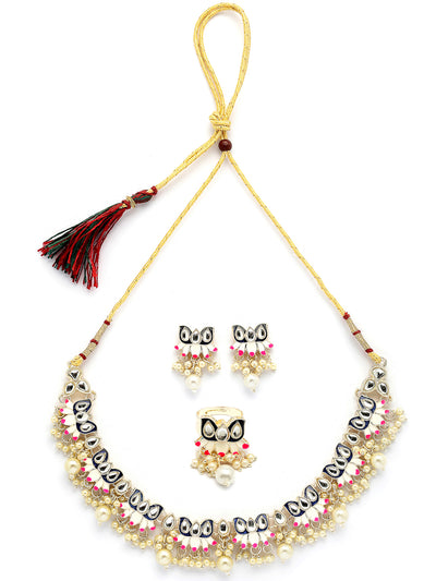 Sukkhi Graceful Fashion Style Gold Plated Blue & Pink Meenakari Lotus Design with Faux Pearls Studded Choker Necklace with Drop Earring & Ring Jewellery Set For Women & Girls|NS107346