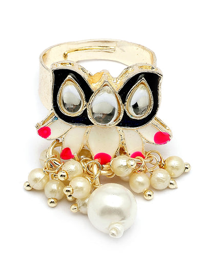 Sukkhi Graceful Fashion Style Gold Plated Blue & Pink Meenakari Lotus Design with Faux Pearls Studded Choker Necklace with Drop Earring & Ring Jewellery Set For Women & Girls|NS107346