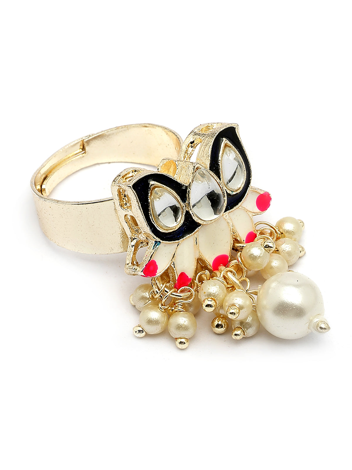 Sukkhi Graceful Fashion Style Gold Plated Blue & Pink Meenakari Lotus Design with Faux Pearls Studded Choker Necklace with Drop Earring & Ring Jewellery Set For Women & Girls|NS107346