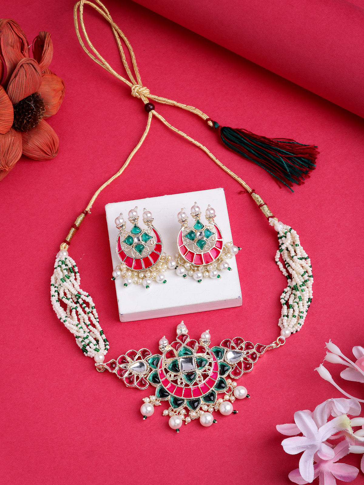 Sukkhi Unique Fashionable Pink & Green Meenakari Gold Plated Multistrand Pearls Choker Necklace with Drop Earring Jewellery Set for Women & Girls|NS107347