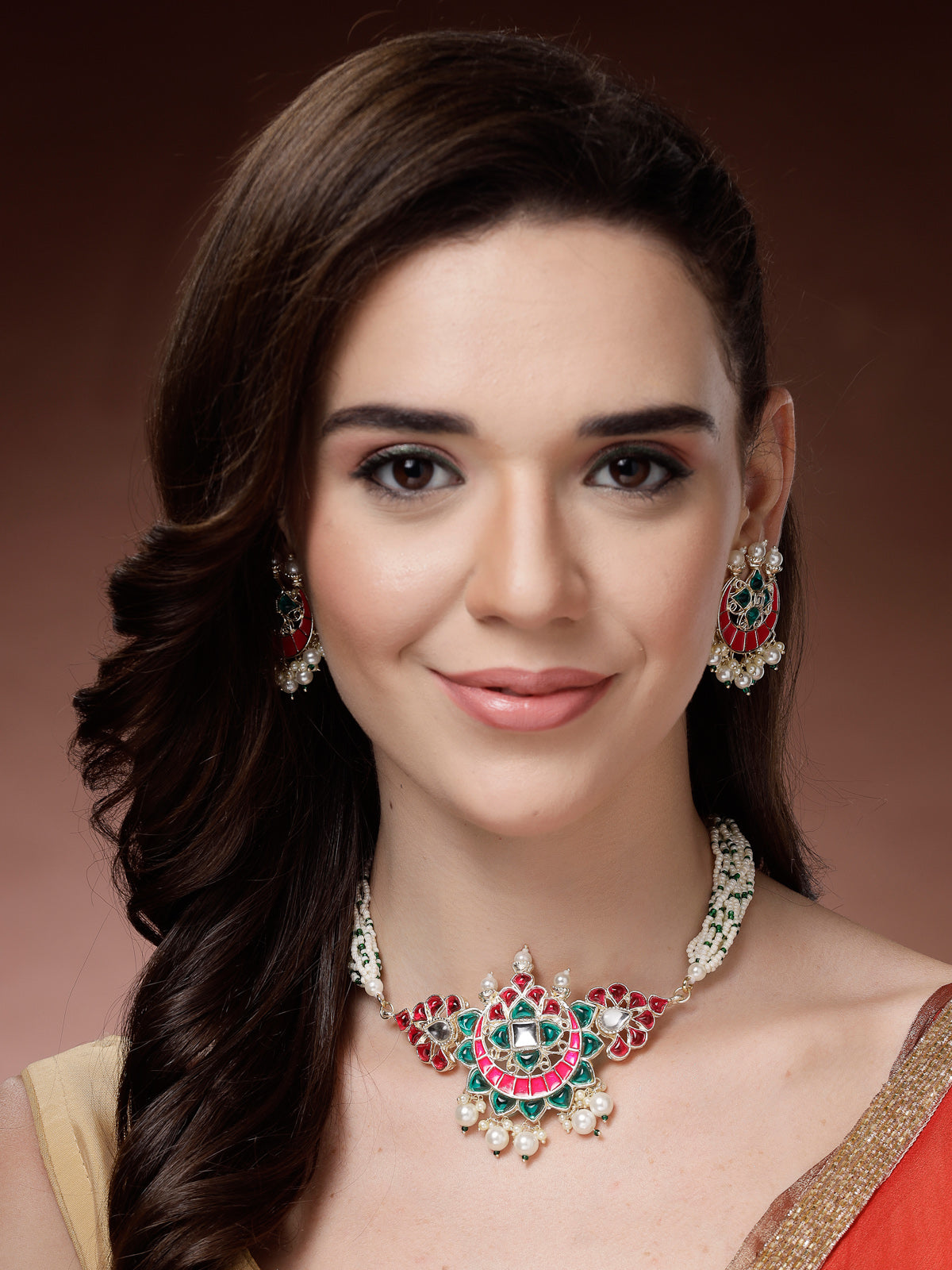 Sukkhi Unique Fashionable Pink & Green Meenakari Gold Plated Multistrand Pearls Choker Necklace with Drop Earring Jewellery Set for Women & Girls|NS107347