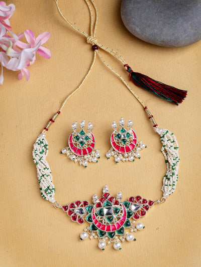 Sukkhi Unique Fashionable Pink & Green Meenakari Gold Plated Multistrand Pearls Choker Necklace with Drop Earring Jewellery Set for Women & Girls|NS107347