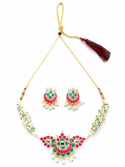 Sukkhi Unique Fashionable Pink & Green Meenakari Gold Plated Multistrand Pearls Choker Necklace with Drop Earring Jewellery Set for Women & Girls|NS107347