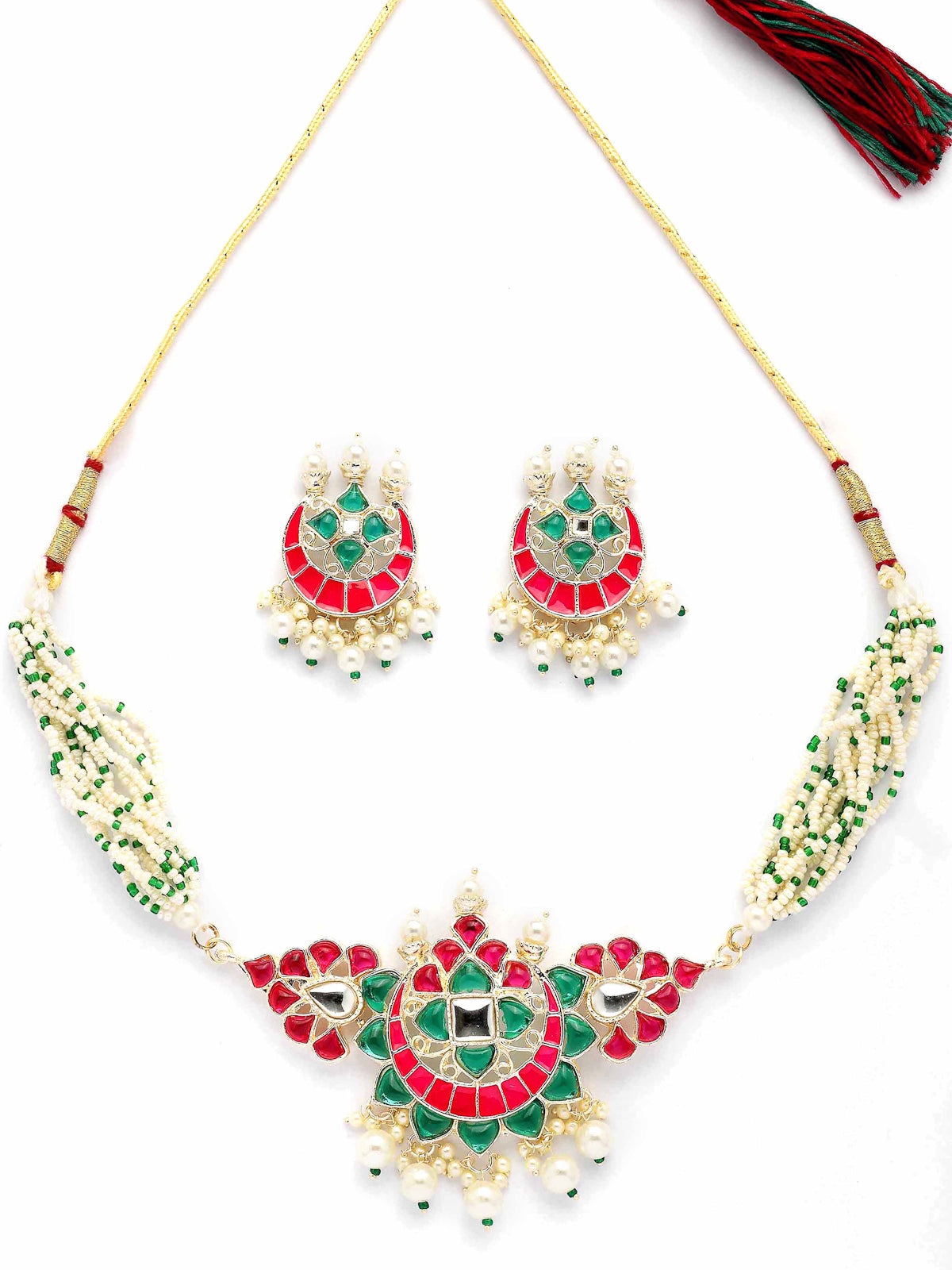 Sukkhi Unique Fashionable Pink & Green Meenakari Gold Plated Multistrand Pearls Choker Necklace with Drop Earring Jewellery Set for Women & Girls|NS107347