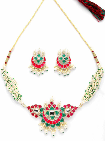 Sukkhi Unique Fashionable Pink & Green Meenakari Gold Plated Multistrand Pearls Choker Necklace with Drop Earring Jewellery Set for Women & Girls|NS107347