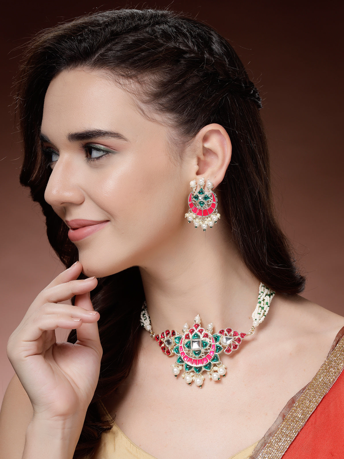 Sukkhi Unique Fashionable Pink & Green Meenakari Gold Plated Multistrand Pearls Choker Necklace with Drop Earring Jewellery Set for Women & Girls|NS107347