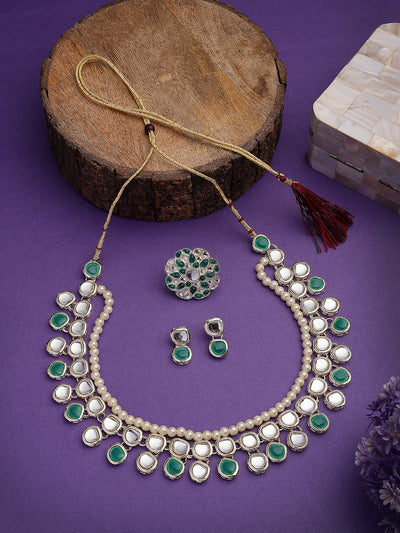 Sukkhi Versatile Fashion Design Gold Plated Kundan with Multilayers Green Necklace & Drop Earring & Ring Jewellery Set For Women  & Girls|NS107348