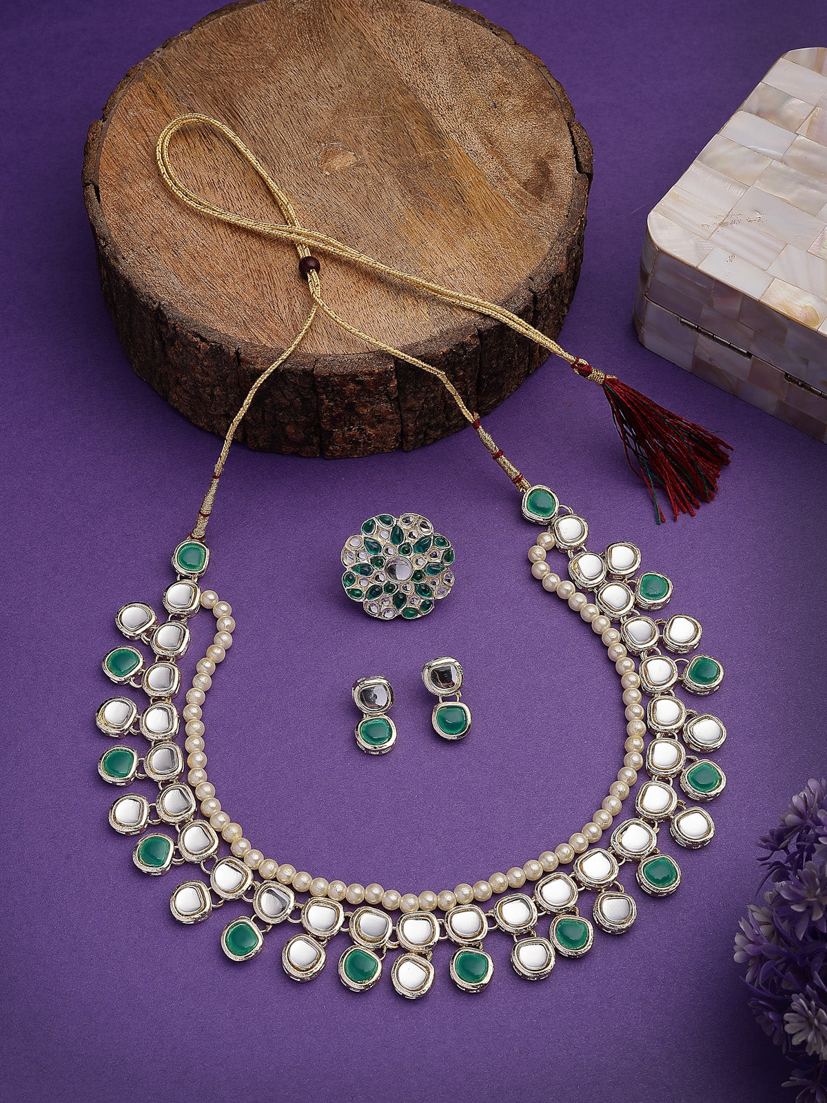 Sukkhi Versatile Fashion Design Gold Plated Kundan with Multilayers Green Necklace & Drop Earring & Ring Jewellery Set For Women  & Girls|NS107348