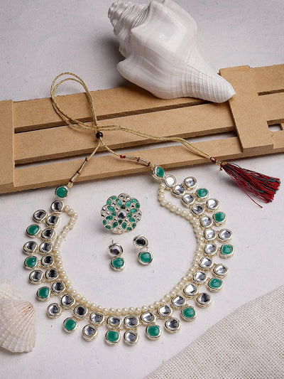Sukkhi Versatile Fashion Design Gold Plated Kundan with Multilayers Green Necklace & Drop Earring & Ring Jewellery Set For Women  & Girls|NS107348