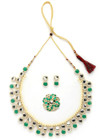 Sukkhi Versatile Fashion Design Gold Plated Kundan with Multilayers Green Necklace & Drop Earring & Ring Jewellery Set For Women  & Girls|NS107348