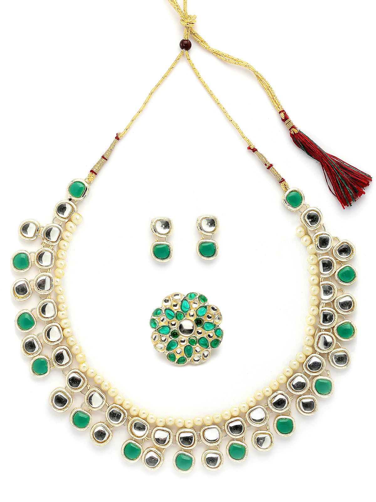 Sukkhi Versatile Fashion Design Gold Plated Kundan with Multilayers Green Necklace & Drop Earring & Ring Jewellery Set For Women  & Girls|NS107348