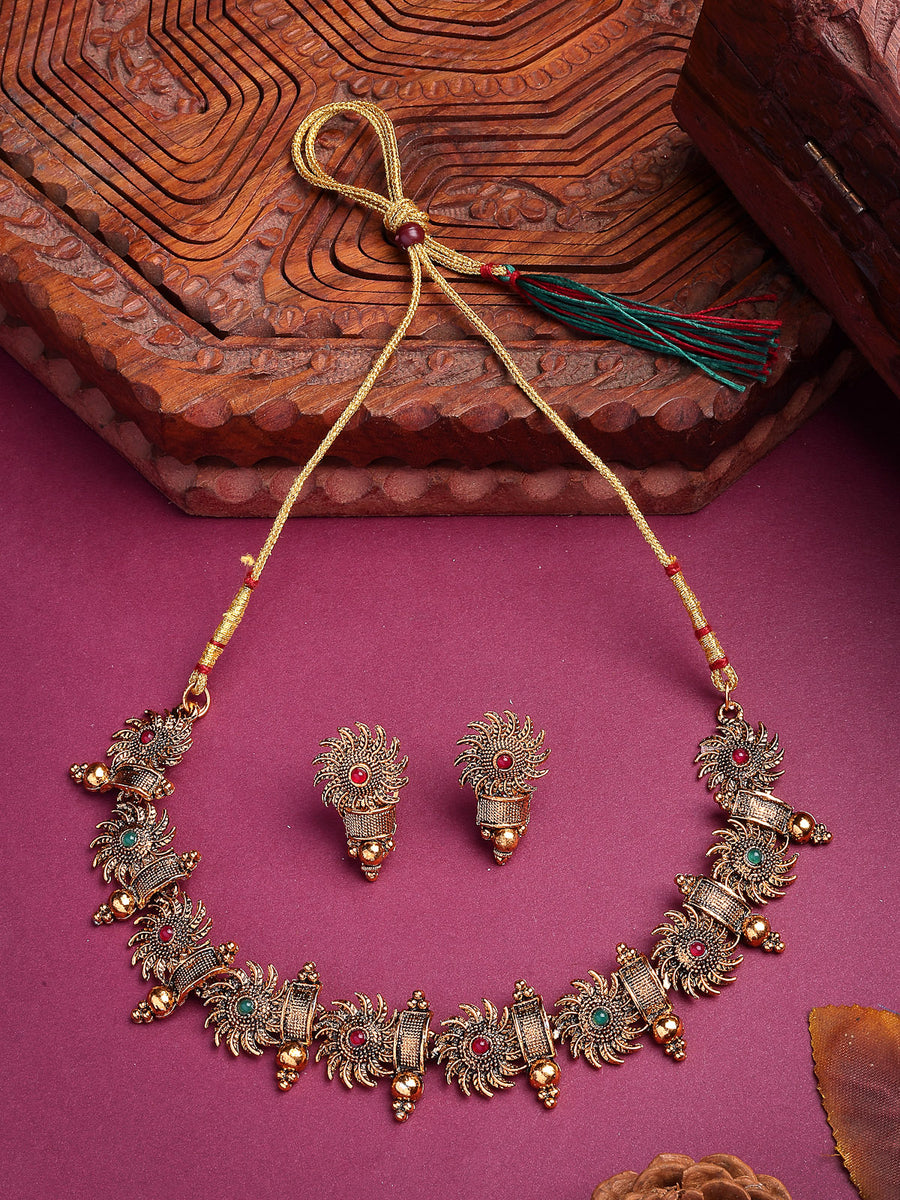 Sukkhi Indian Traditional 18k Gold Plated Red Green Choker Necklace with Studs Earring Jewellery Set for Women & Girls|NS107349
