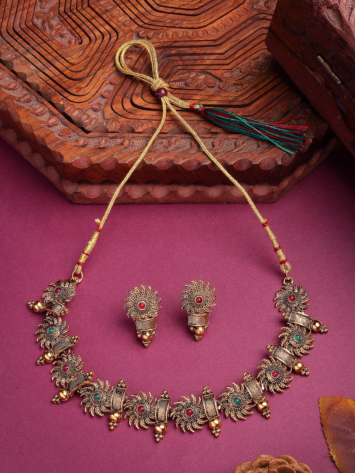 Sukkhi Indian Traditional 18k Gold Plated Red Green Choker Necklace with Studs Earring Jewellery Set for Women & Girls|NS107349