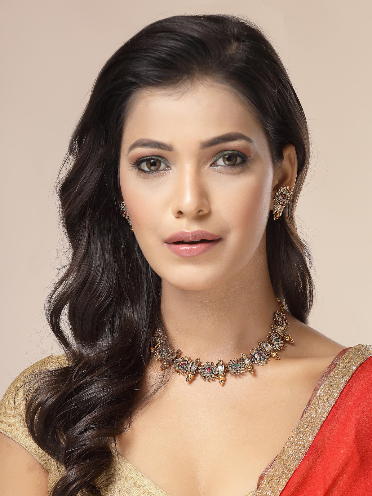 Sukkhi Indian Traditional 18k Gold Plated Red Green Choker Necklace with Studs Earring Jewellery Set for Women & Girls|NS107349