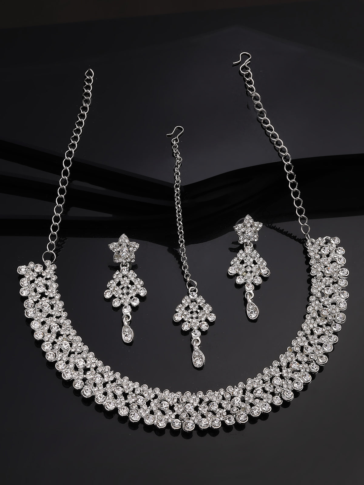 Sukkhi Splendid Fashionable Rhodium Silver Plated with AD Stone Studded Choker Necklace with Dangle Earring Maantikka Jewellery Set for Women & Girls|NS107350