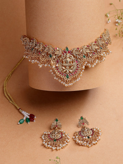 Sukkhi South Indian Traditional Stylish Peacock Shaped Gold Plated with Beaded Studded Red Green Choker Necklace with Dangle Earring Jewellery Set for Women & Girls|NS107351