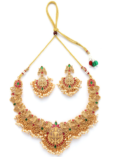 Sukkhi South Indian Traditional Stylish Peacock Shaped Gold Plated with Beaded Studded Red Green Choker Necklace with Dangle Earring Jewellery Set for Women & Girls|NS107351