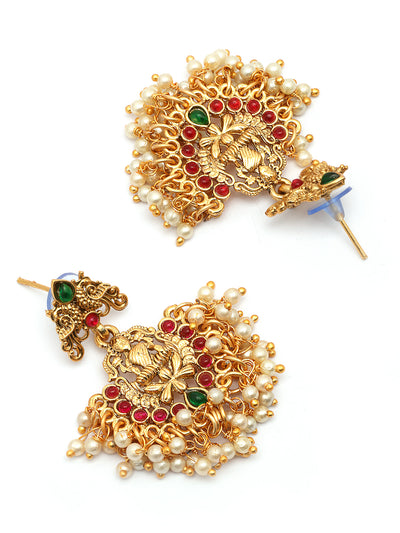 Sukkhi South Indian Traditional Stylish Peacock Shaped Gold Plated with Beaded Studded Red Green Choker Necklace with Dangle Earring Jewellery Set for Women & Girls|NS107351