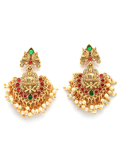 Sukkhi South Indian Traditional Stylish Peacock Shaped Gold Plated with Beaded Studded Red Green Choker Necklace with Dangle Earring Jewellery Set for Women & Girls|NS107351