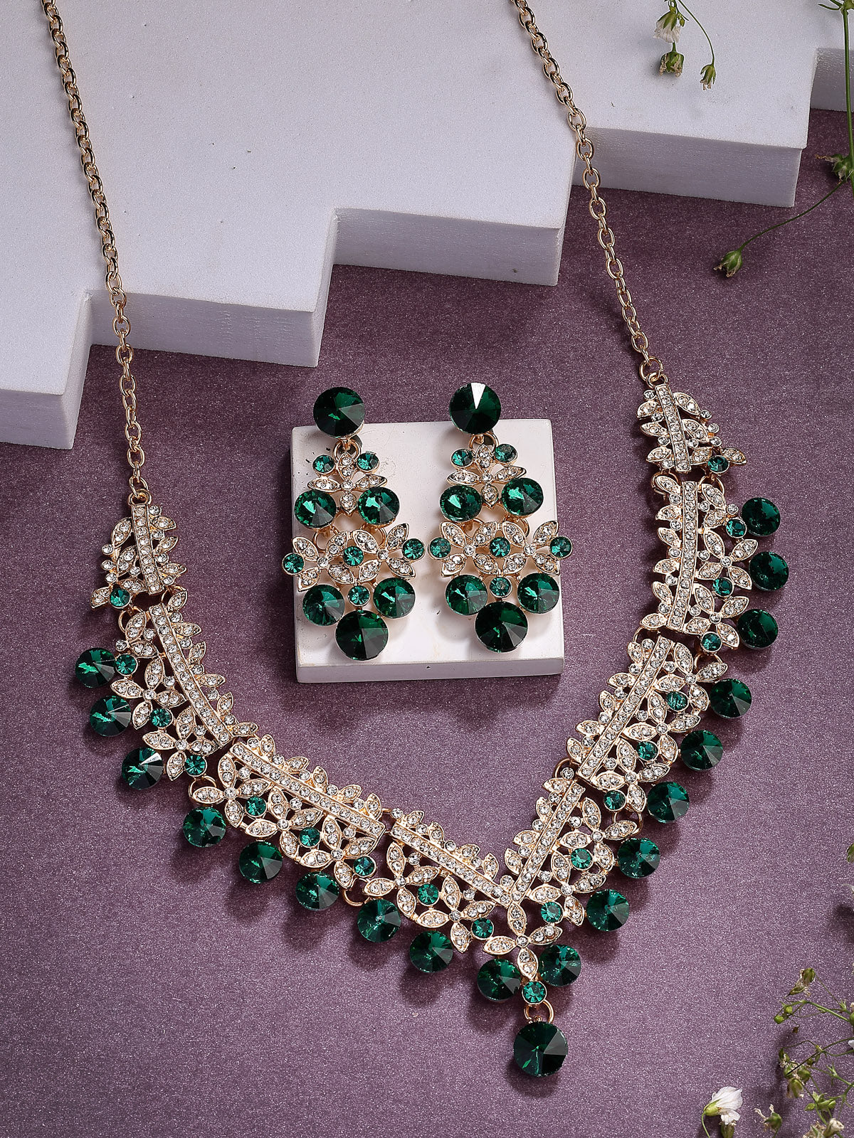 Sukkhi Inspiring Fashionable AD Stone Diamond Studded Gold Plated Green Choker Necklace with Dangle Earring Jewellery Set For Women & Girls|NS107352