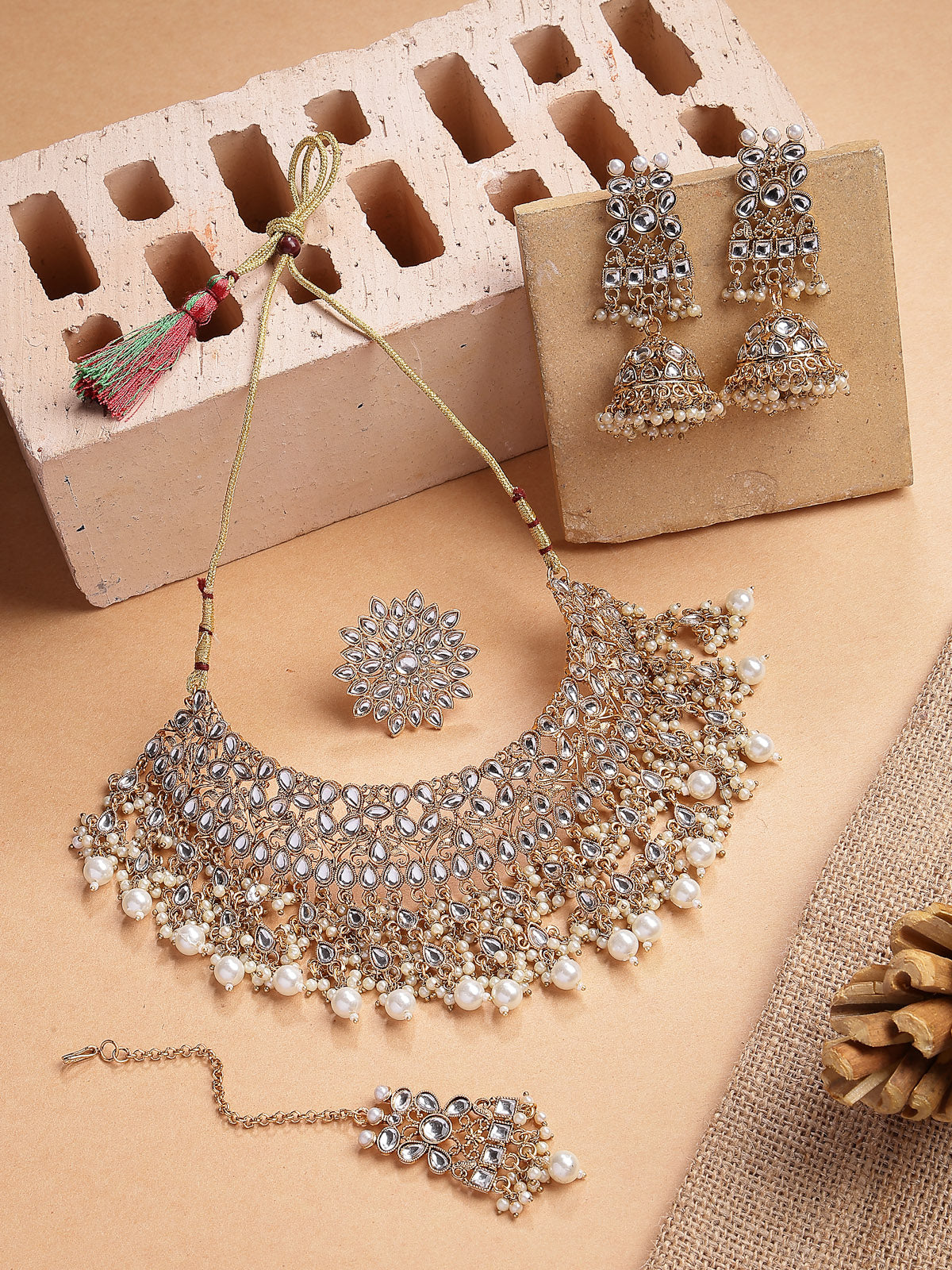 Sukkhi Trendy Fashionable Gold Tone Plated Kundan & Beads Studded White Choker Necklace with Jhumka/Jhumki Earring Maangtikka & Ring Jewellery Set For Women & Girls|NS107354