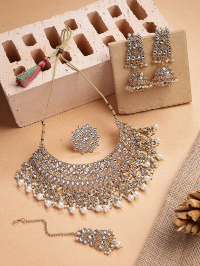 Sukkhi Trendy Fashionable Gold Tone Plated Kundan & Beads Studded White Choker Necklace with Jhumka/Jhumki Earring Maangtikka & Ring Jewellery Set For Women & Girls|NS107354