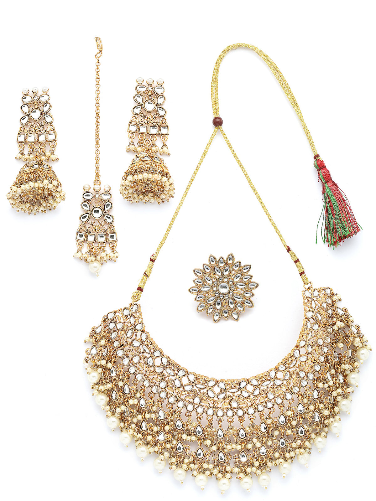 Sukkhi Trendy Fashionable Gold Tone Plated Kundan & Beads Studded White Choker Necklace with Jhumka/Jhumki Earring Maangtikka & Ring Jewellery Set For Women & Girls|NS107354