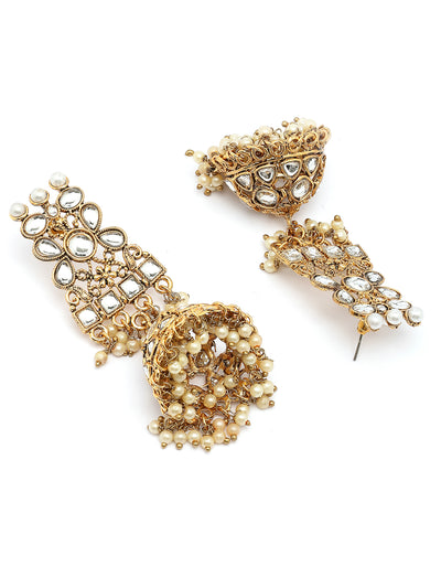 Sukkhi Trendy Fashionable Gold Tone Plated Kundan & Beads Studded White Choker Necklace with Jhumka/Jhumki Earring Maangtikka & Ring Jewellery Set For Women & Girls|NS107354