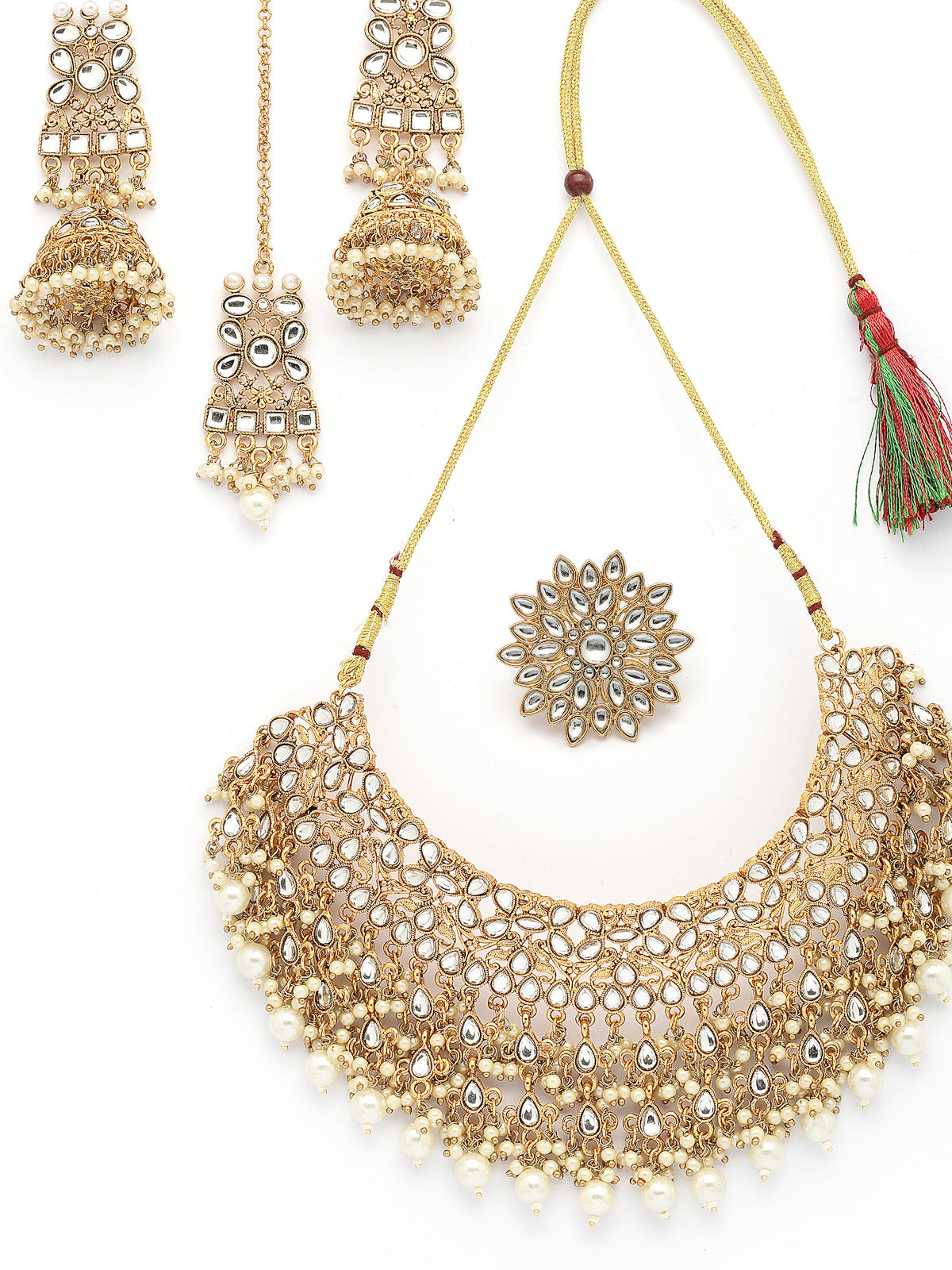 Sukkhi Trendy Fashionable Gold Tone Plated Kundan & Beads Studded White Choker Necklace with Jhumka/Jhumki Earring Maangtikka & Ring Jewellery Set For Women & Girls|NS107354