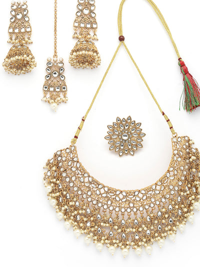 Sukkhi Trendy Fashionable Gold Tone Plated Kundan & Beads Studded White Choker Necklace with Jhumka/Jhumki Earring Maangtikka & Ring Jewellery Set For Women & Girls|NS107354