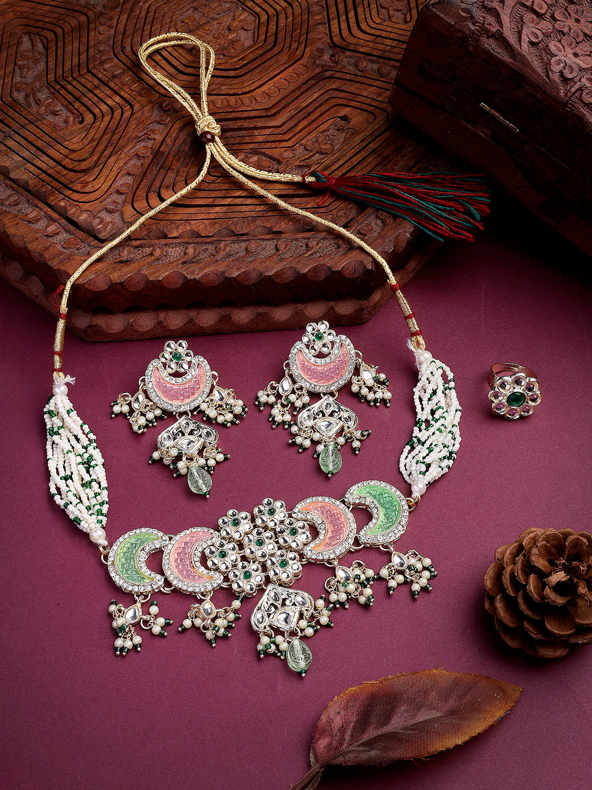 Sukkhi Attractive Pink Green Stones Kundan Studded with Multistrand Beaded Choker Necklace & Drop Earring Jewellery Set for Women & Girls|NS107355