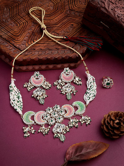 Sukkhi Attractive Pink Green Stones Kundan Studded with Multistrand Beaded Choker Necklace & Drop Earring Jewellery Set for Women & Girls|NS107355