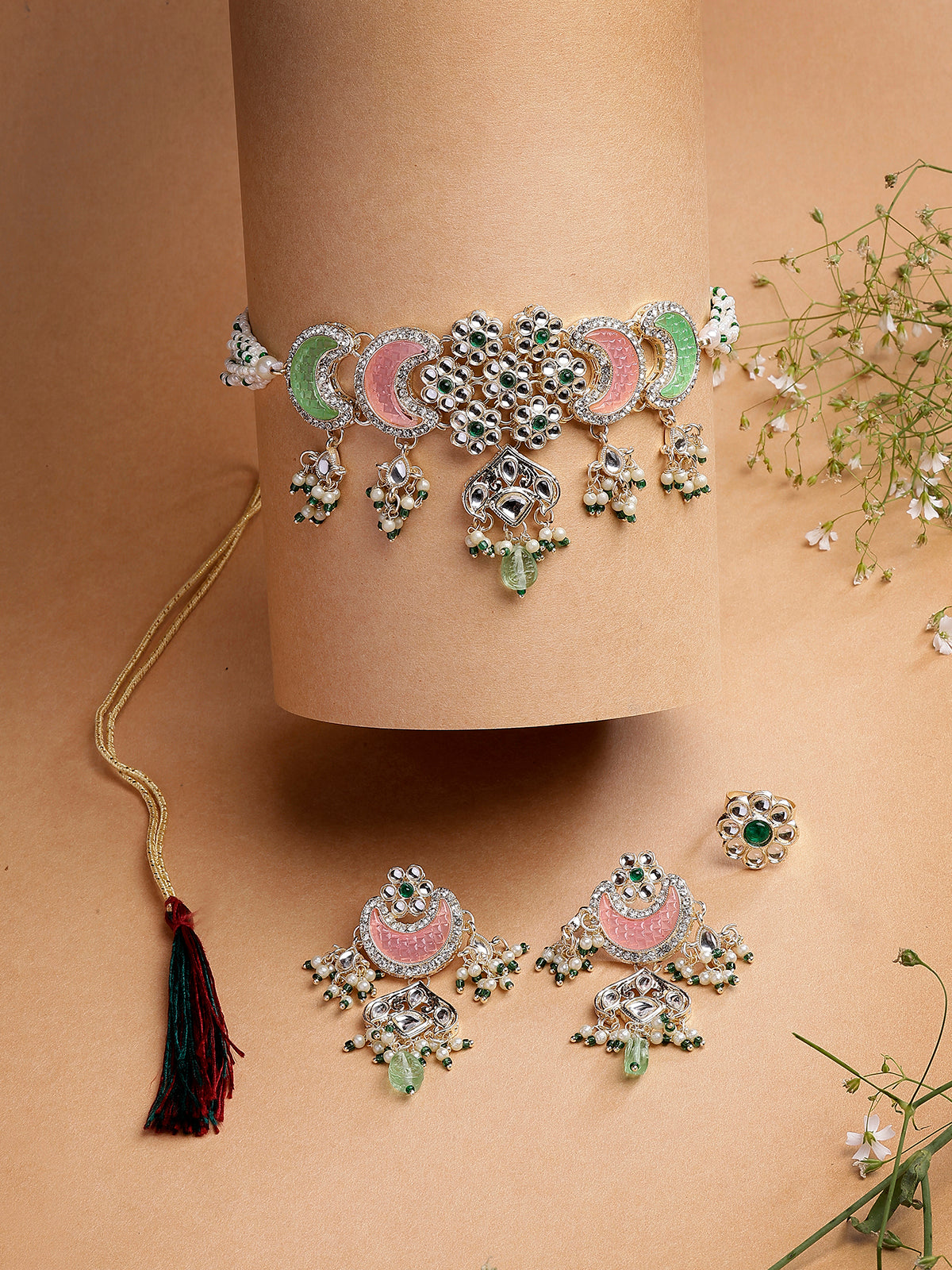 Sukkhi Attractive Pink Green Stones Kundan Studded with Multistrand Beaded Choker Necklace & Drop Earring Jewellery Set for Women & Girls|NS107355