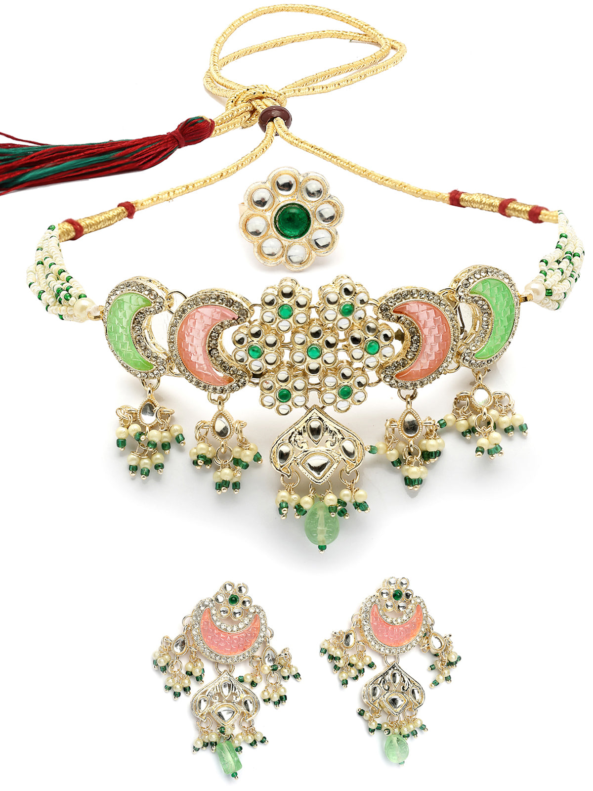 Sukkhi Attractive Pink Green Stones Kundan Studded with Multistrand Beaded Choker Necklace & Drop Earring Jewellery Set for Women & Girls|NS107355