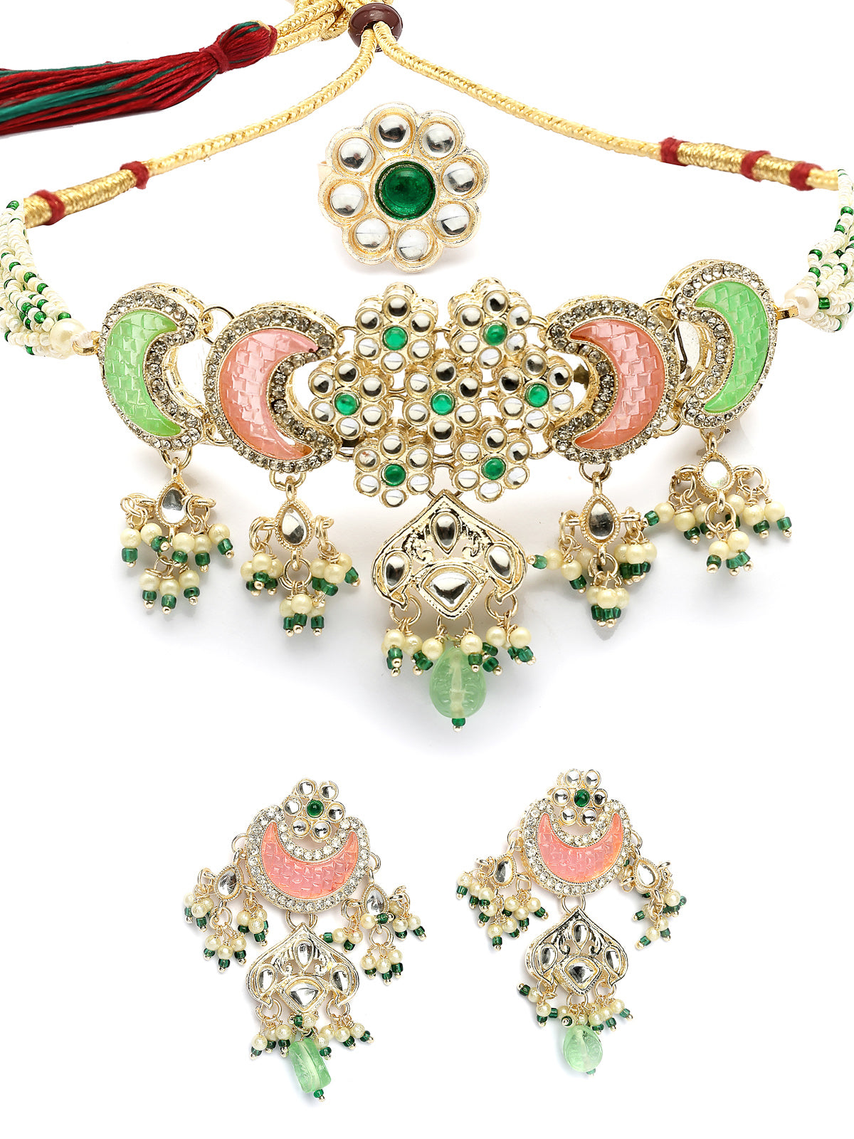 Sukkhi Attractive Pink Green Stones Kundan Studded with Multistrand Beaded Choker Necklace & Drop Earring Jewellery Set for Women & Girls|NS107355