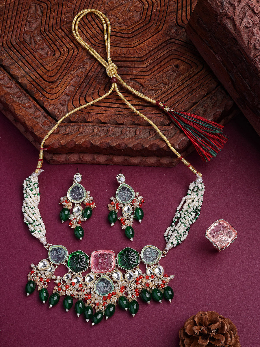 Sukkhi Glamorous Fashion Style Gold Plated Multicolor Stones & Beads Multistrand Beads Kundan Choker Necklace with Drop Earring & Ring Jewellery Set For Women & Girls|NS107357