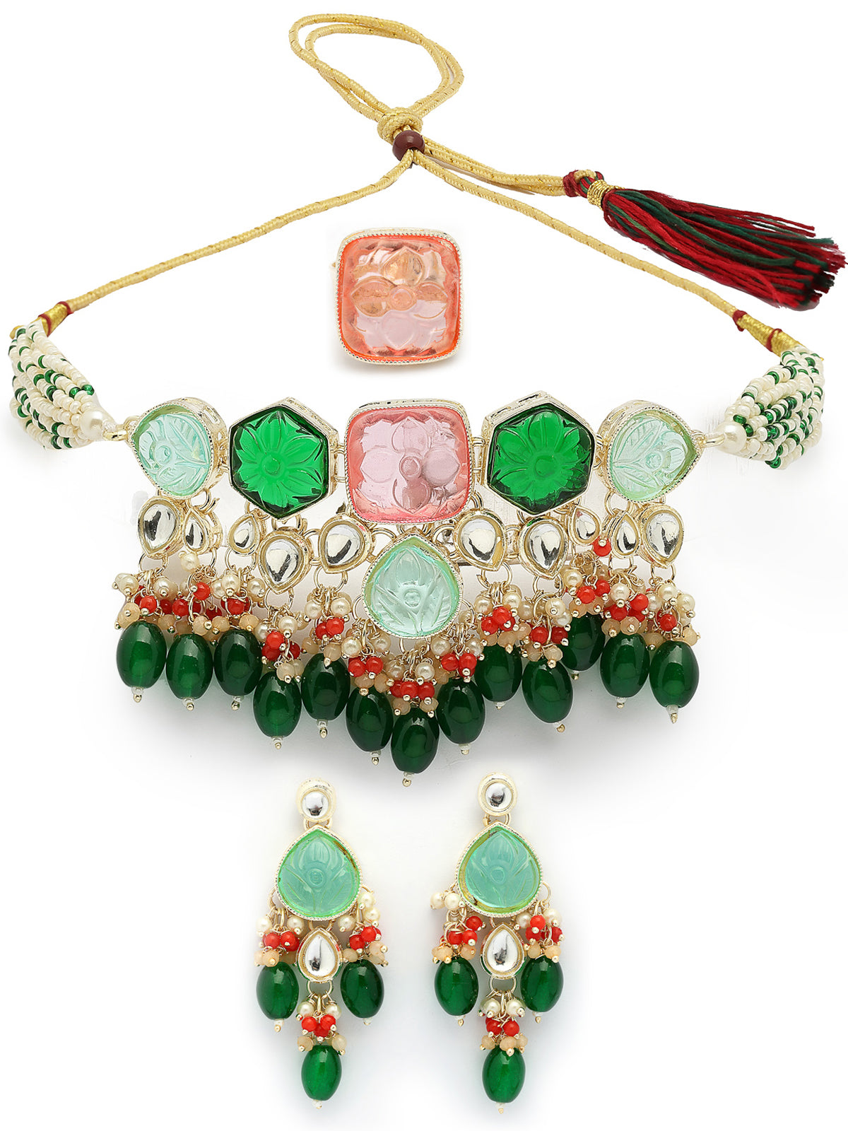 Sukkhi Glamorous Fashion Style Gold Plated Multicolor Stones & Beads Multistrand Beads Kundan Choker Necklace with Drop Earring & Ring Jewellery Set For Women & Girls|NS107357