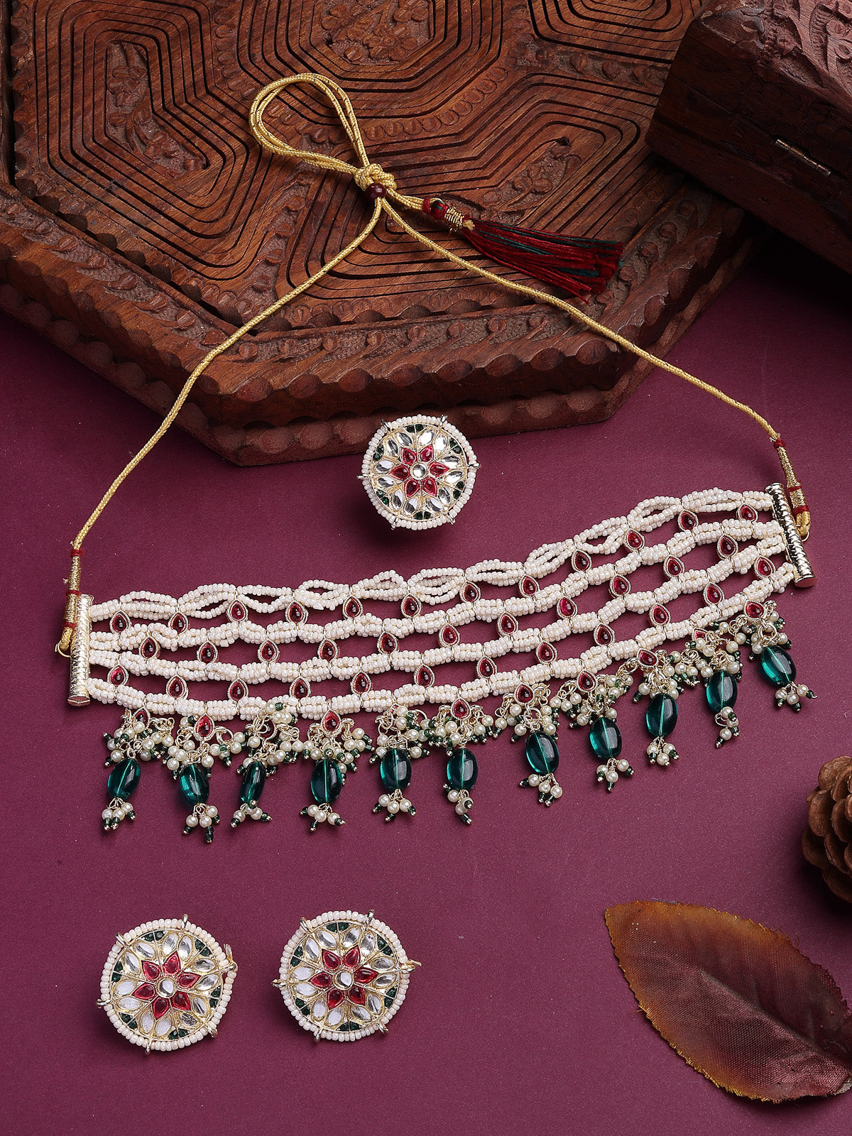 Sukkhi Stylish Traditional Pink Kundan & Green Beads with Gold Plated Choker Necklace & Floral Studs Earring & Ring Jewellery Set for Women & Girls|NS107358